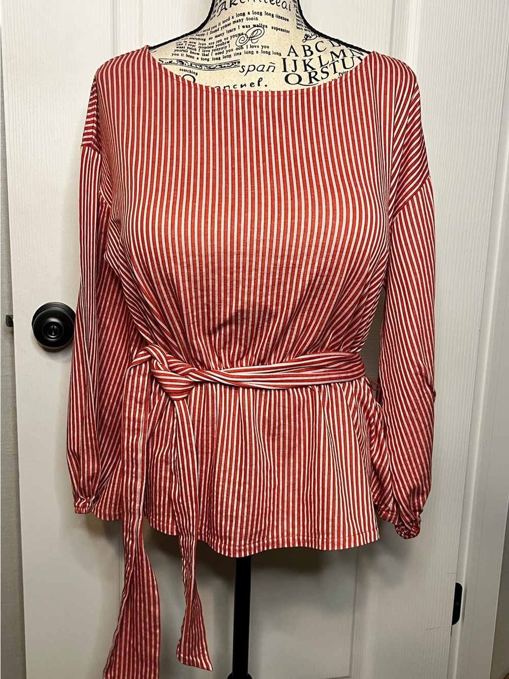 Ann Taylor Red and White Striped Long-Sleeve Tie-Waist Blouse